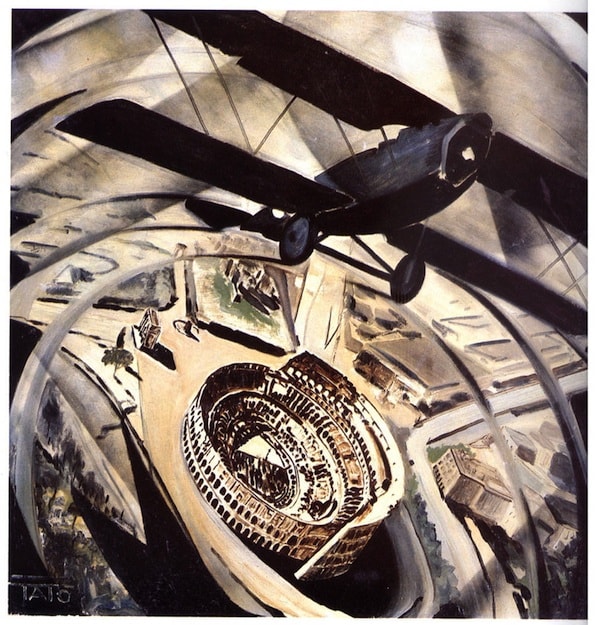 Tato (Guglielmo Sansoni), Sorvolando in spirale il Colosseo (Spiralata), 1930, olio su tela, 80x80 cm.jpg_sito-min